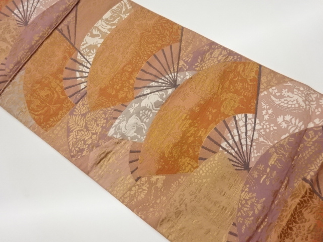 JAPANESE KIMONO / VINTAGE FUKURO OBI / WOVEN FLORAL PLANTS & FOLDING FAN PATTERN